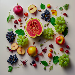 flatlay of autumn fruits, minimalist style, white background