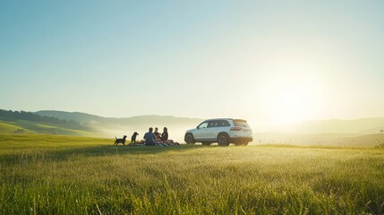 group enjoying a picnic beside an suv in a scenic meadow at sunset. perfect for travel and outdoor l