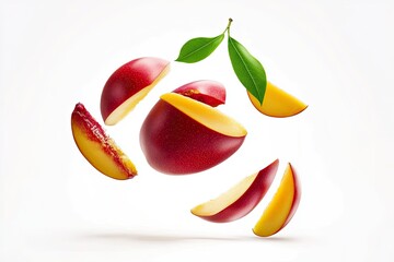 Wall Mural - Red mango fruit with green leaf and slices falling isolated on white background , ai