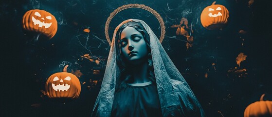 Virgin mary illustration in Halloween themed with copy space