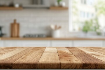 Wall Mural - kitchen table background, wood counter top on blur of white clean abstract home interior with bokeh. used for display or montage your wooden for dining background. tabl banner, podium , ai