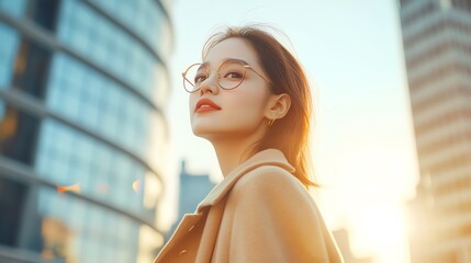 A young woman gazes upward, wearing glasses, against a modern cityscape backdrop, illuminated by warm sunlight.