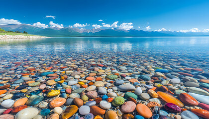 The sea is full of colorful pebbles, and the pebble beach on both sides is covered with many colored glass stones