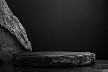 Wall Mural - Elegant black stand or podium, scene with black stone and black background. Beautiful black background with place for the product. Elegant dark background, ai