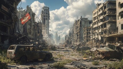 A deserted city street with rubble and debris, a flag waving in the wind.