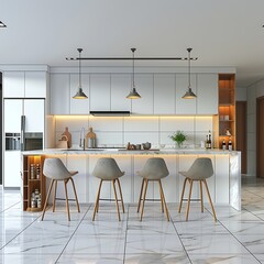 white modern kitchen in a house with a beautiful design