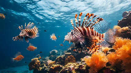 Vibrant underwater scene showcasing beautiful striped lionfish swimming among colorful corals and marine life.