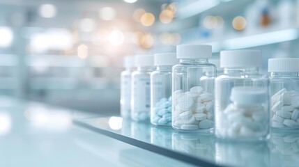 pharmacy shelf with medication bottles, a collection of clear containers filled with various tablets