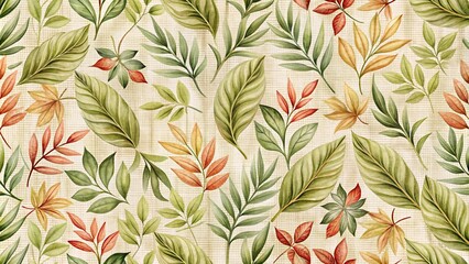 Seamless floral leaf pattern on canvas background for wallpaper or fabric design