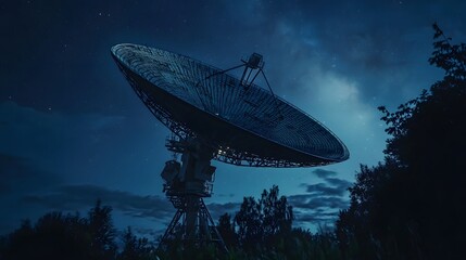 Giant satellite dish pointed at the night sky, looking for communication from outer space