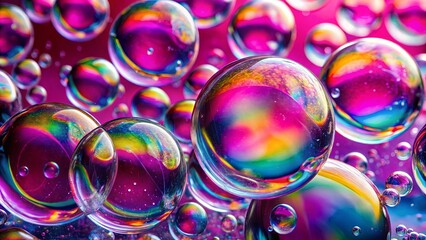 Vibrant close-up of soap bubbles with water droplets on a pink surface