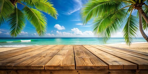 A wooden table on a tropical beach with palm trees in background