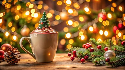 Wall Mural - Festive hot chocolate mug surrounded by Christmas decorations including tree, lights, and ornaments