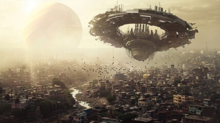 Wall Mural - Futuristic Cityscape with Hovering UFO