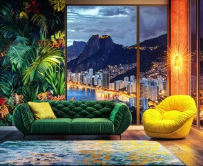 Rio de Janeiro Vibrant Living Space Jungle Green Sofa, Yellow Armchair, City Lights.