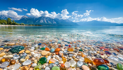 The sea is full of colorful pebbles, and the pebble beach on both sides is covered with many colored glass stones