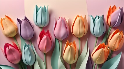 Wall Mural - Colorful paper tulips on pink and peach background.