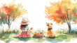 © Ema - Colorful watercolor of little girl and her pet dog having a picnic in park