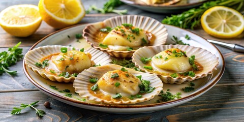 Fresh Coquilles Saint Jacques on a plate with herbs and lemon slices, scallop, seafood, gourmet, cuisine, French