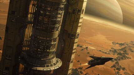 Wall Mural - Space Station Orbiting a Desert Planet