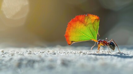 Wall Mural - Ant Carrying a Colorful Leaf