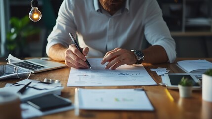 A focused man sketches designs on paper, surrounded by modern technology and a cozy workspace, emphasizing creativity and productivity.