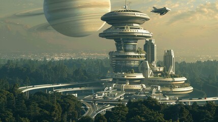 Poster - Futuristic Cityscape with a Giant Planet