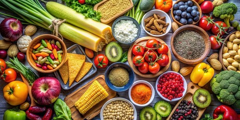 Assortment of vibrant healthy foods including fresh fruits, vegetables, nuts, cheeses, and whole grains for a nutritious diet