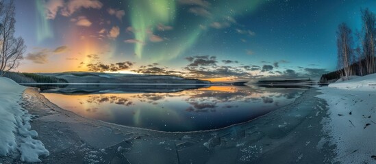 Canvas Print - Northern Lights Reflecting in a Frozen Lake