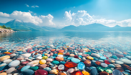 Wall Mural - The sea is full of colorful pebbles, and the pebble beach on both sides is covered with many colored glass stones