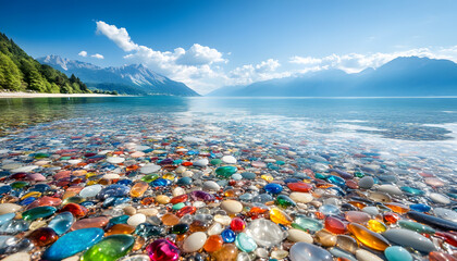 Wall Mural - The sea is full of colorful pebbles, and the pebble beach on both sides is covered with many colored glass stones