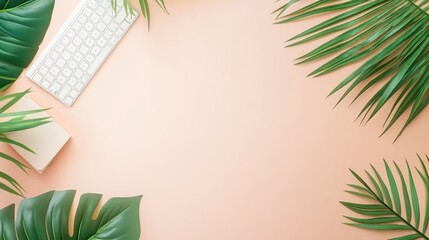 Poster - Flat lay of a trendy office desk with keyboard and tropical accents, showcasing a fresh, minimalist business workspace design.