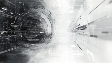 Poster - Futuristic grey and white abstract background with digital interface elements, representing advanced technology and innovation.