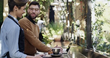 Poster - Waitress, customer and a man with a laptop at a coffee shop for service, remote work and tea. Happy male freelance worker with a computer and internet or staff with hospitality at a outdoor cafe