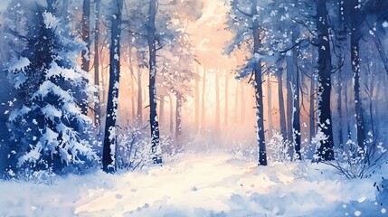 Wall Mural - watercolor painting of a snowy forest path with sunlight streaming through the trees.