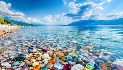 Wall Mural - The sea is full of colorful pebbles, and the pebble beach on both sides is covered with many colored glass stones