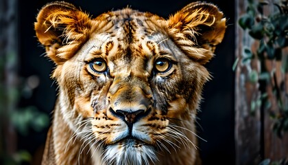 Wall Mural - Curious gaze of a lioness capturing intense moments of wild essence and connection with the viewer