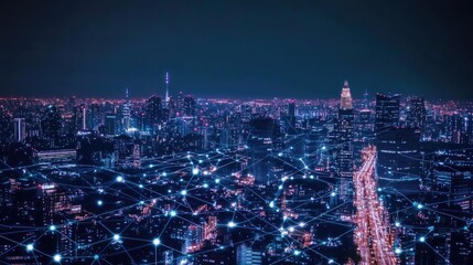 Poster - Wireless network connections lighting up a futuristic cityscape at night, symbolizing modern urban technology and digital advancement.
