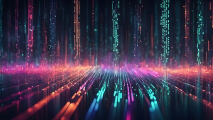 Abstract digital background with colorful lines and glowing particles.