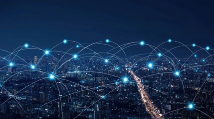 Poster - Wireless network connections lighting up a futuristic cityscape at night, symbolizing modern urban technology and digital advancement.