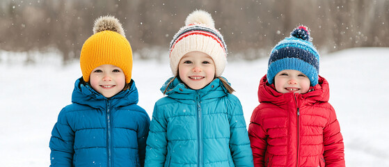 Three cheerful children in colorful winter jackets and hats smile playfully in a snowy landscape