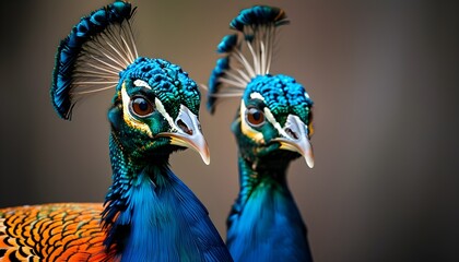 Wall Mural - Captivating peacock displaying vibrant blue head and striking orange tail feathers, gazing directly into the camera