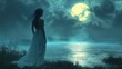 © LAB.Photo - Ethereal Ghostly Woman in Flowing White Dress by Misty Riverbank under Moonlight - Haunting and Enigmatic Atmosphere