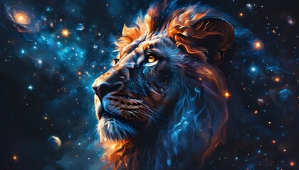 Celestial lion with a glowing face surrounded by stars and cosmic wonders in a mystical night sky