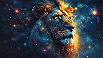 Celestial lion with a glowing face surrounded by stars and cosmic wonders in a mystical night sky