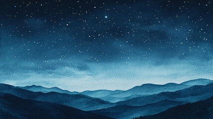 Wall Mural - Watercolor painting of a starry night sky above a silhouette of a mountain range.