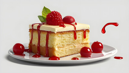 Butter cake, dollop of cream on top with red drizzle, a leaf, fruit slices round cake isolated on a white background .