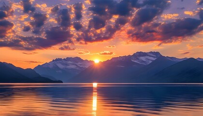 Serene sunset over a tranquil lake with majestic mountains, vibrant clouds, and a stunning reflection of the colorful sky on the calm water