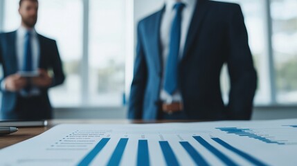 Wall Mural - Two men in suits are standing in front of a table with blue graphs on it