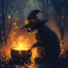 A black cat is sitting in front of a cauldron with a witch's hat on